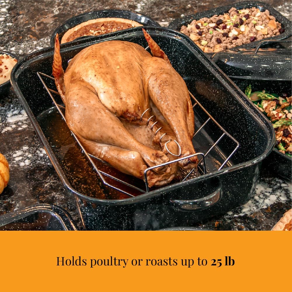Granite Ware 21 in Oven Rectangular Roaster with lid and V Rack (Speckled Black) - Accommodates up to 25 lb poultry or roast.