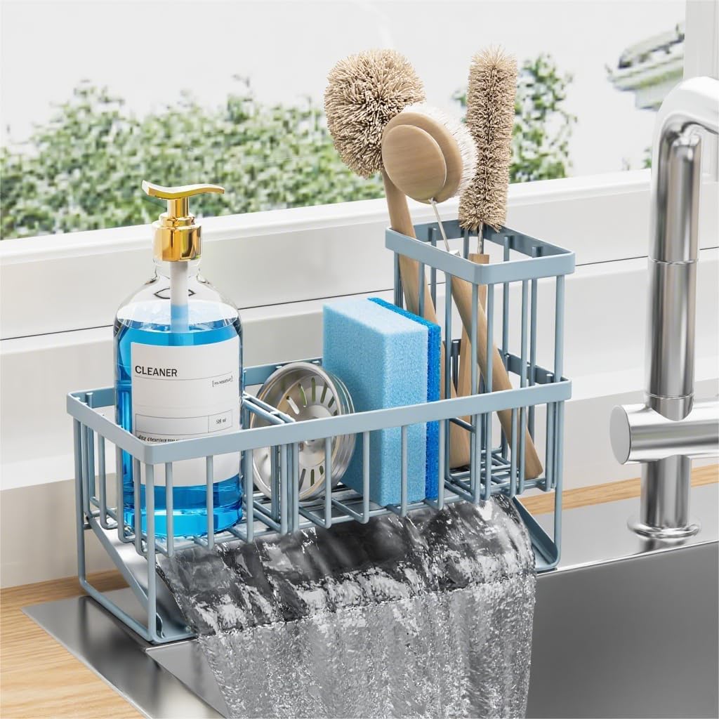 Cisily Sink Caddy Organzier with High Brush Holder, Sponge Holder for Sink, 304 Rustproof Stainless, Kitchen Countertop Soap Dispenser Organizer, Gray Blue Kitchen Decor and Accessories