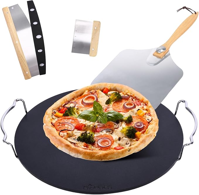 Hisencn 13" Round Pizza Steel for Oven & Grill – Ceramic Baking Steel Pizza Stone Set with Rack, Pizza Peel, Cutter & Dough Scraper, Crack-Resistant & High Heat Conductivity for Crispy Crust