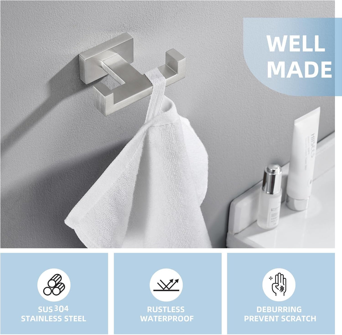 Angle Simple Towel Hook for Bathroom, SUS 304 Stainless Steel Double Robe Coat Hook, Hand Towel Hanger Wall Mount, Brushed Nickel