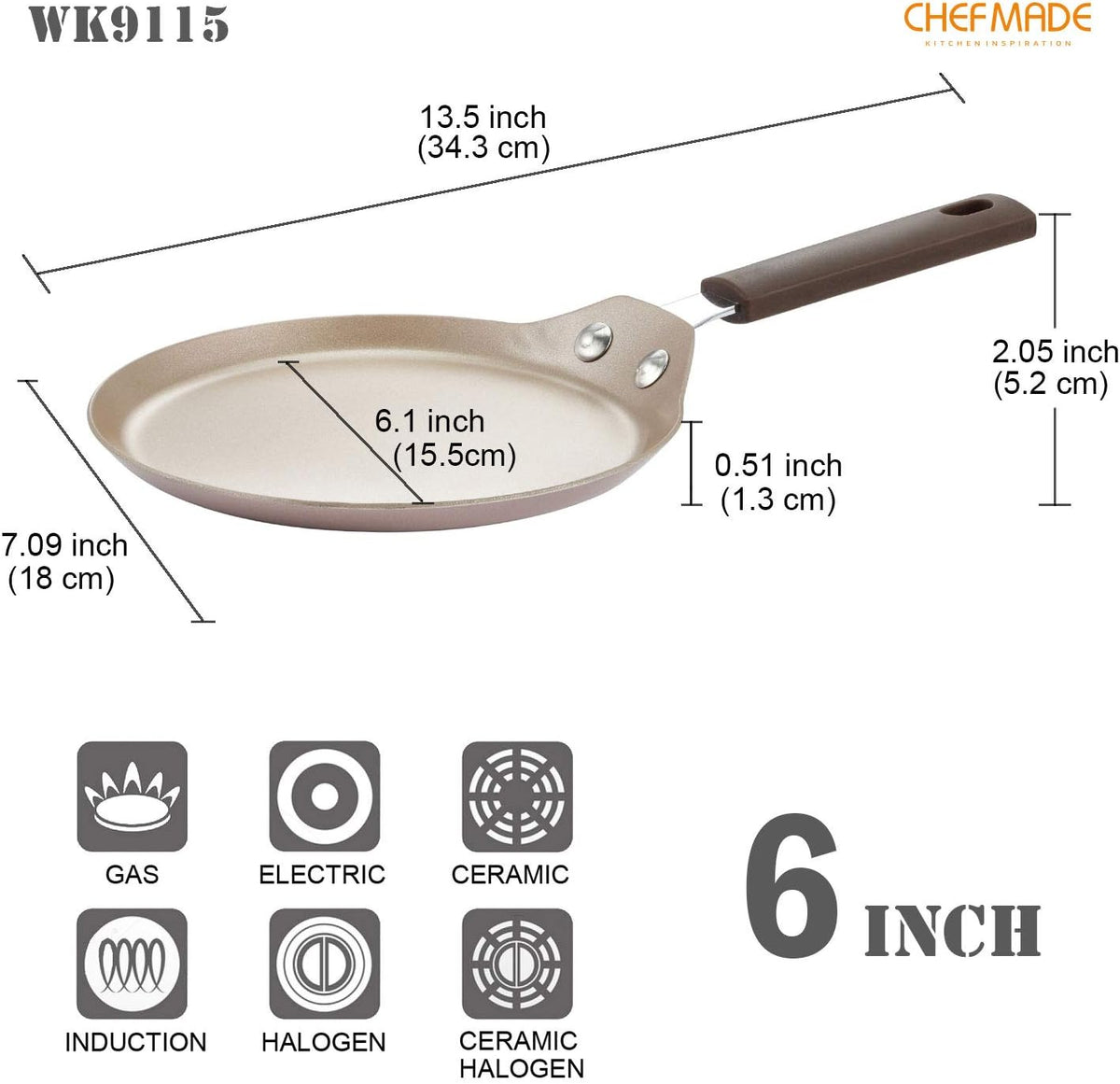 CHEFMADE Mini Crepe Pan with Bamboo Spreader, 6-Inch Non-Stick Pancake Pan with Insulating Silicone Handle for Gas, Induction, Electric Cooker (Champagne Gold)