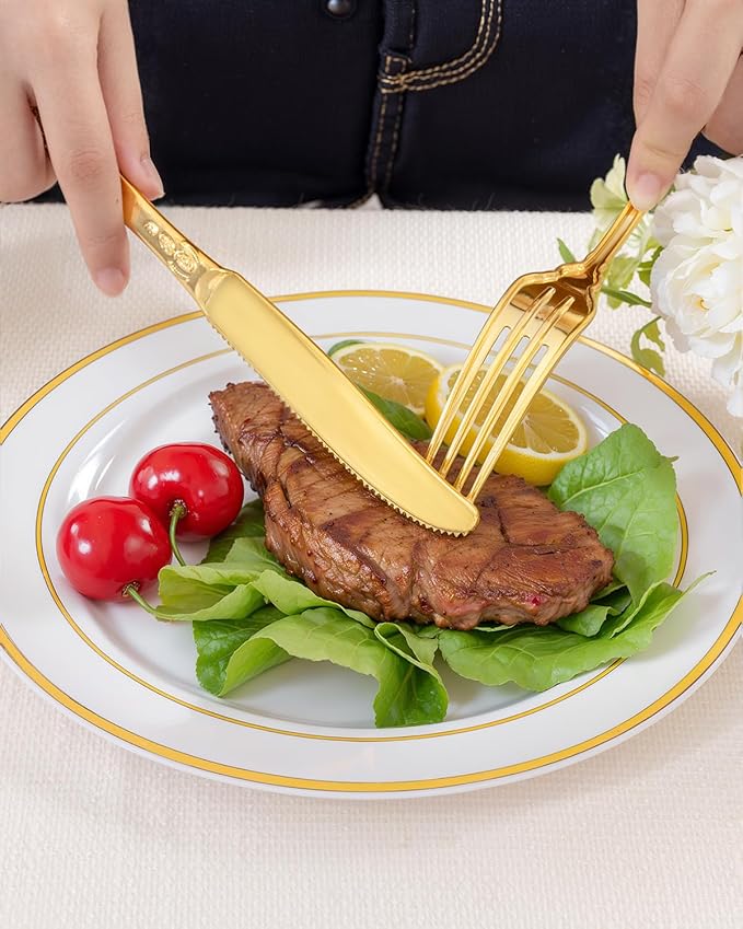 bUCLA 150PCS Gold Plastic Silverware Disposable - Heavy Duty Plastic Cutlery - Gold Disposable Utensils Set - Include 50 Knives, 50 Forks, 50 Spoons for Party & Thanksgiving
