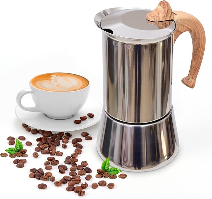 Induction Moka Pot, Stainless Steel, Stovetop Espresso Coffee Maker, 6 Cup/300ml/10.1oz, Easy to Use and Clean, Camping Home Use | for Mocha Cappuccinos, Lattes