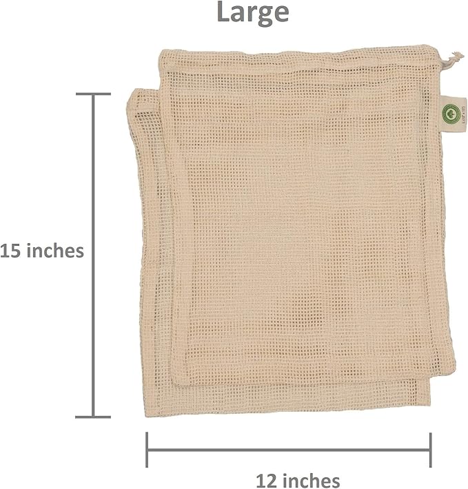 Reusable Cotton Mesh Produce Bags - 100% Organic Cotton, Durable, Double Stitched, Washable with Tare Weight & Drawstring - Mesh Bags for Grocery Shopping, Vegetables & Fruits | Set of 6 (2L, 2M, 2S)