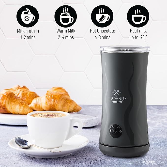 Zulay 4-in-1 Milk Frother and Steamer - Automatic Hot and Cold Foam Maker with Auto Shut Off & Temperature Control for Coffee, Latte, Cappuccino, Hot Chocolate - Gray