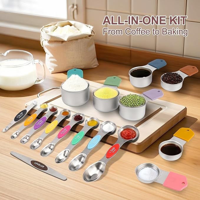 16-Piece Stainless Steel Measuring Cups and Spoons Set, Strong Magnetic Nesting Design 7 Cups 8 Spoons with Leveler, Double Measurement Markings for Dry & Liquid Ingredients, Colorful