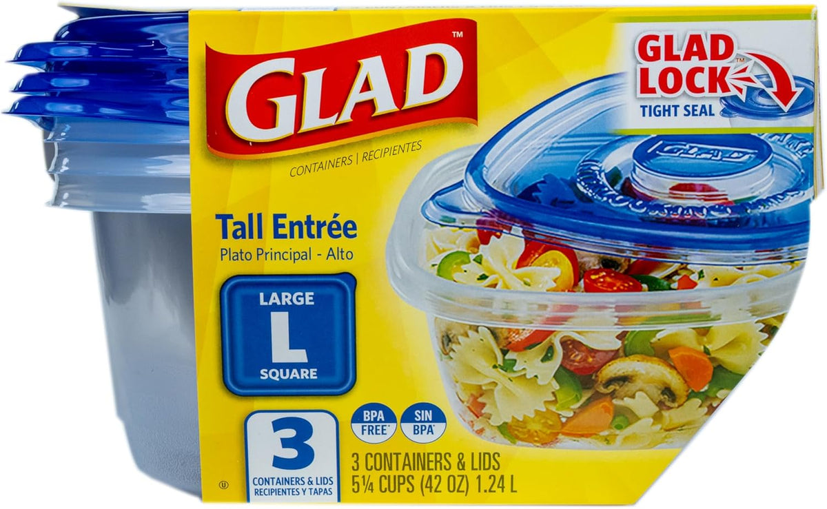 Glad GladWare Tall Entree Food Storage Containers - Large Square - Meal Container Holds up to 42 Ounces of Food - Lock Tight Seal, 3 Count