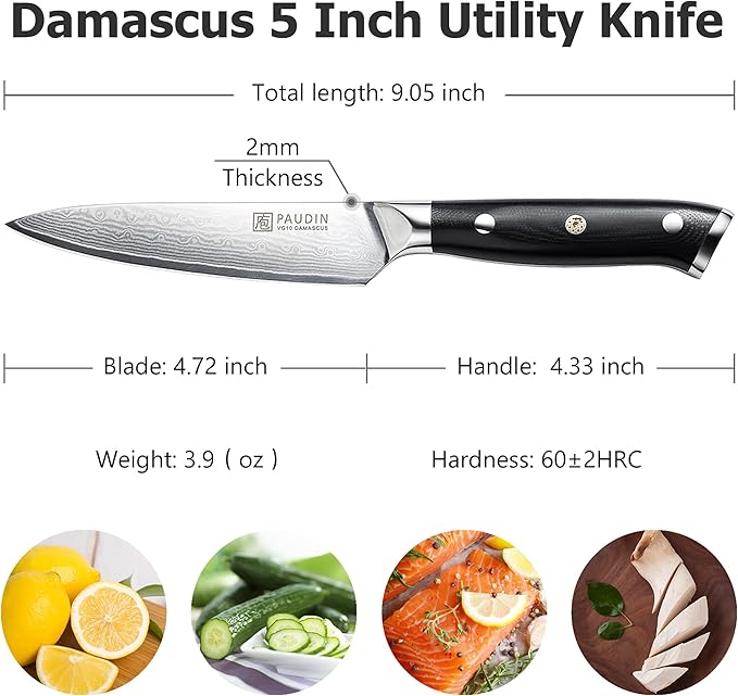 PAUDIN Utility Knife, Damascus Kitchen Knife, 67-Layer Forged Blade, Ultra Sharp Edge, Full Tang G10 Handle with Triple Rivets, 5'' Paring Knife for Cutting Fruit and Vegetables