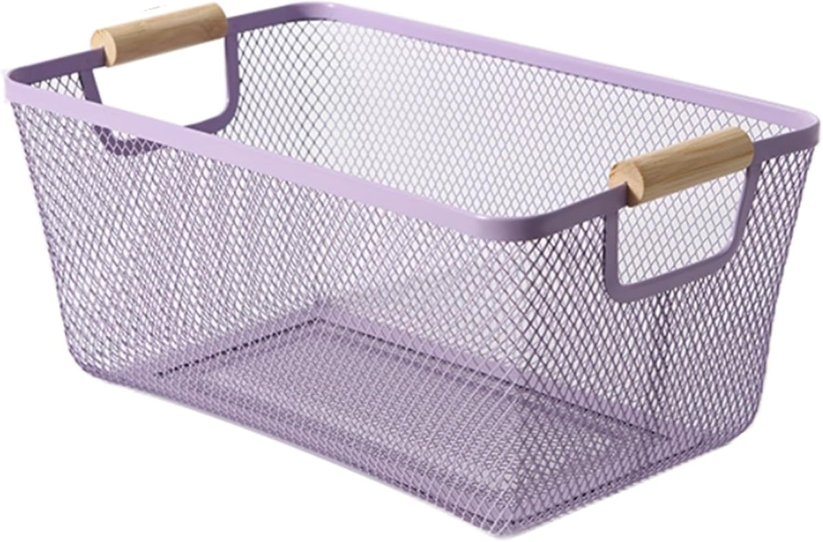 Metal Mesh Steel Basket, Large Wire Storage Organizer Basket Multi-function Hanging Kitchen Baskets with Wood Handle for Kitchen Bathroom Picnic Home, Rectangle-Purple