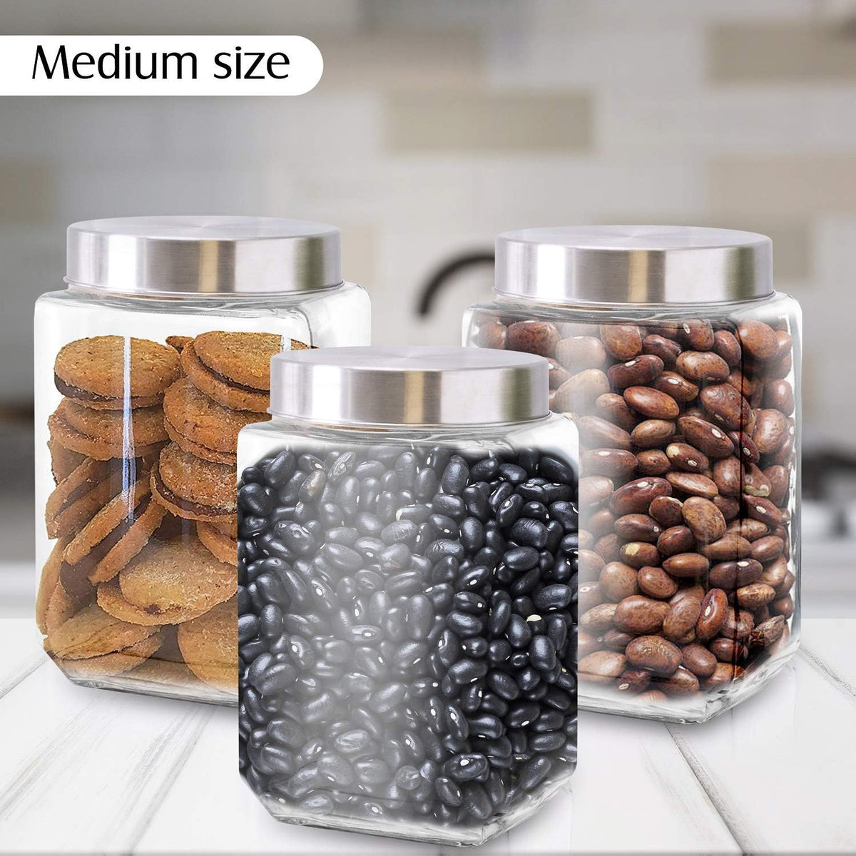 Glass Containers for Kitchen – Set of 3 Food Storage Containers – Storage Jars with Stainless Steel Lids – Suitable for Cookies, Snacks, Coffee – Screw-on Lid – 57oz Capacity