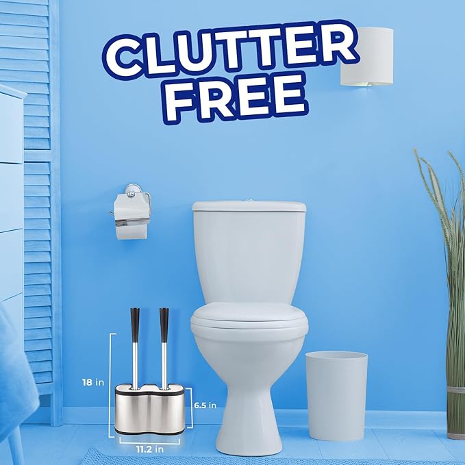 UMIEN 2 Pack Toilet Brush and Plunger Set 18-in - Updated 2025 No-Rust - Stainless Steel Design - Long Handles - with Freestanding Canister (Satin Nickel)
