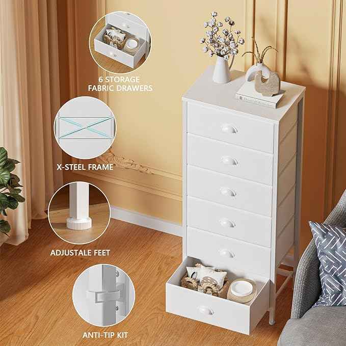 Furnulem White Tall Dresser for Bedroom,Vertical Storage Tower Unit and End Table with 6 Fabric Drawers, Nightstand Furniture with Drawer Organizer in Living Room,Closet,Entryway,Hallyway