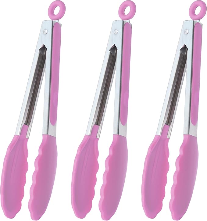 Serving Tongs with Silicone Tips 9 Inches Stainless Steel Food Tongs, Set of 3 (Pink)