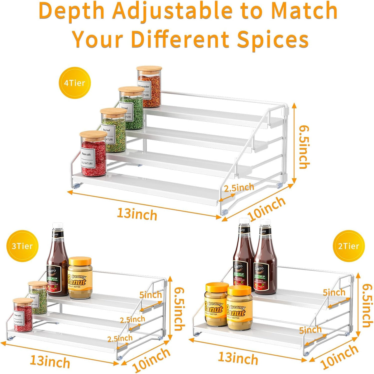 RCHYFEED Spice Rack Organizer for Cabinet,4 Tier Spice Organization for Cabinet Easy Visibility,Tierd Spice Rack Seasoning Organizer for Kitchen Countertop Pantry,Metal(White, 2Pack)