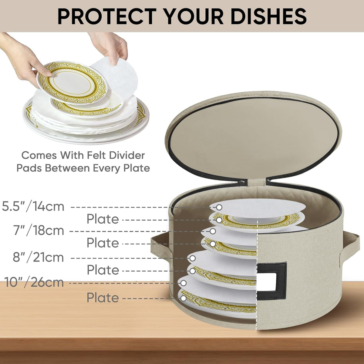 BALEINE China Storage Containers, Sturdy Quilted Wine Glass Storage, Plate Organizer with Carry Handles, Moving Boxes for Dishes, Cups, Mugs and Stemware (Plate Mug Combo, Hard Shell Cream)