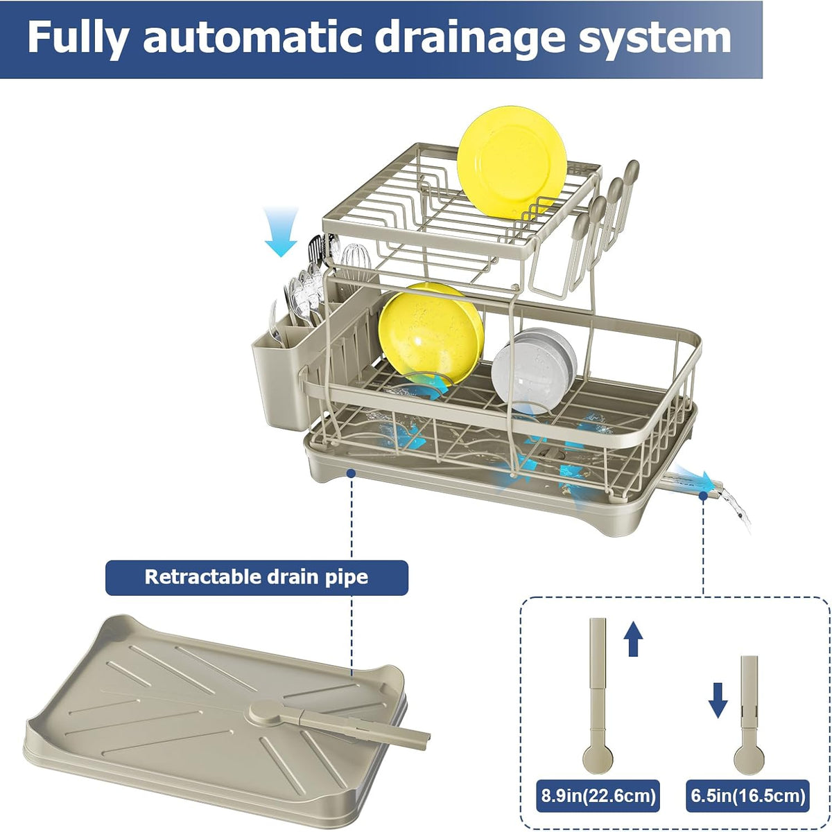 Dish Drying Rack 2-Tier Dish Racks for Kitchen Counter, Adjustable Spout Auto-Draining Dish Rack, Large Capacity for Plates, Bowls, Cups, Tableware, Dish Drainer with Drainboard,Grey