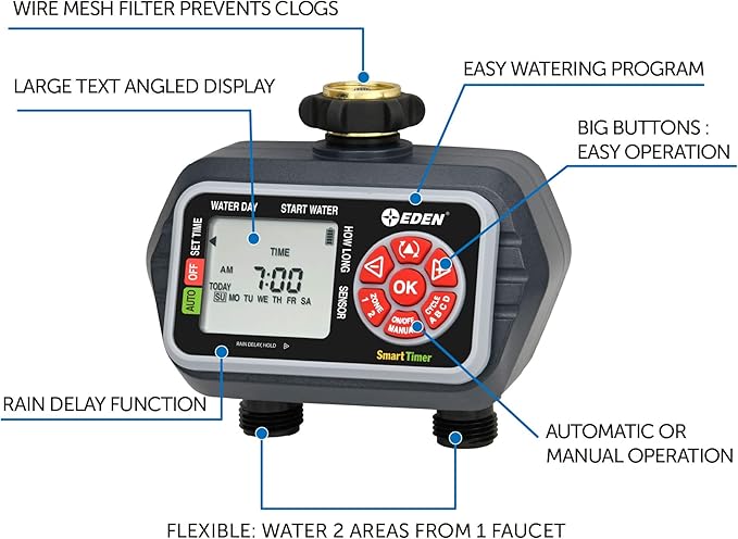 Eden 93412 Programmable Digital Water Timer 2-Zone, Compatible with Wireless Soil Moisture Sensor