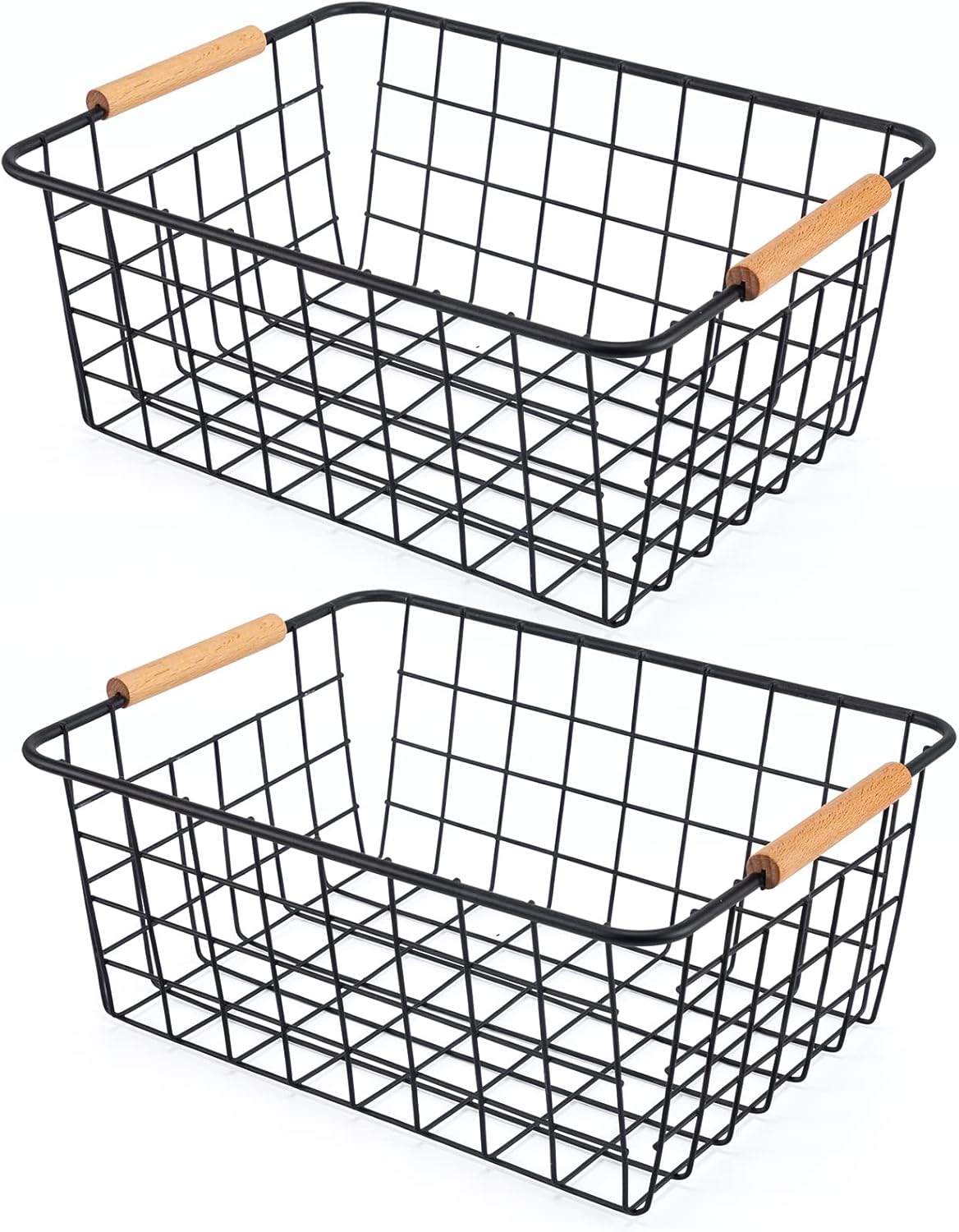 Wire Basket 2 Pcs Wire Storage Baskets Wire Baskets Organizing with Wooden Handles Wire Basket Pantry Organization and Storage Metal Wire Food Storage Basket for Kitchen, Cabinets (Black 2PCS)