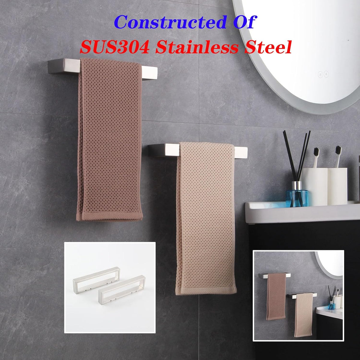 GERZWY Modern Towel Holder Square Style Brushed Stainless Steel Towel Hanger Towel Ring for Bathroom Wall Mount 2 Pack HG1716-2LS