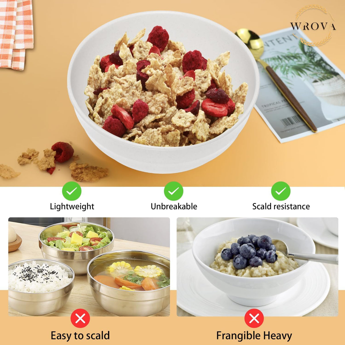 Wheat Straw Bowls Set 60 OZ, Unbreakable Large White Bowls Set of 6, Microwave and Dishwasher Safe Big Cereal Bowl for Dorm and Apartment, Salad Bowl for Serving Oatmeal and Popcorn (White)