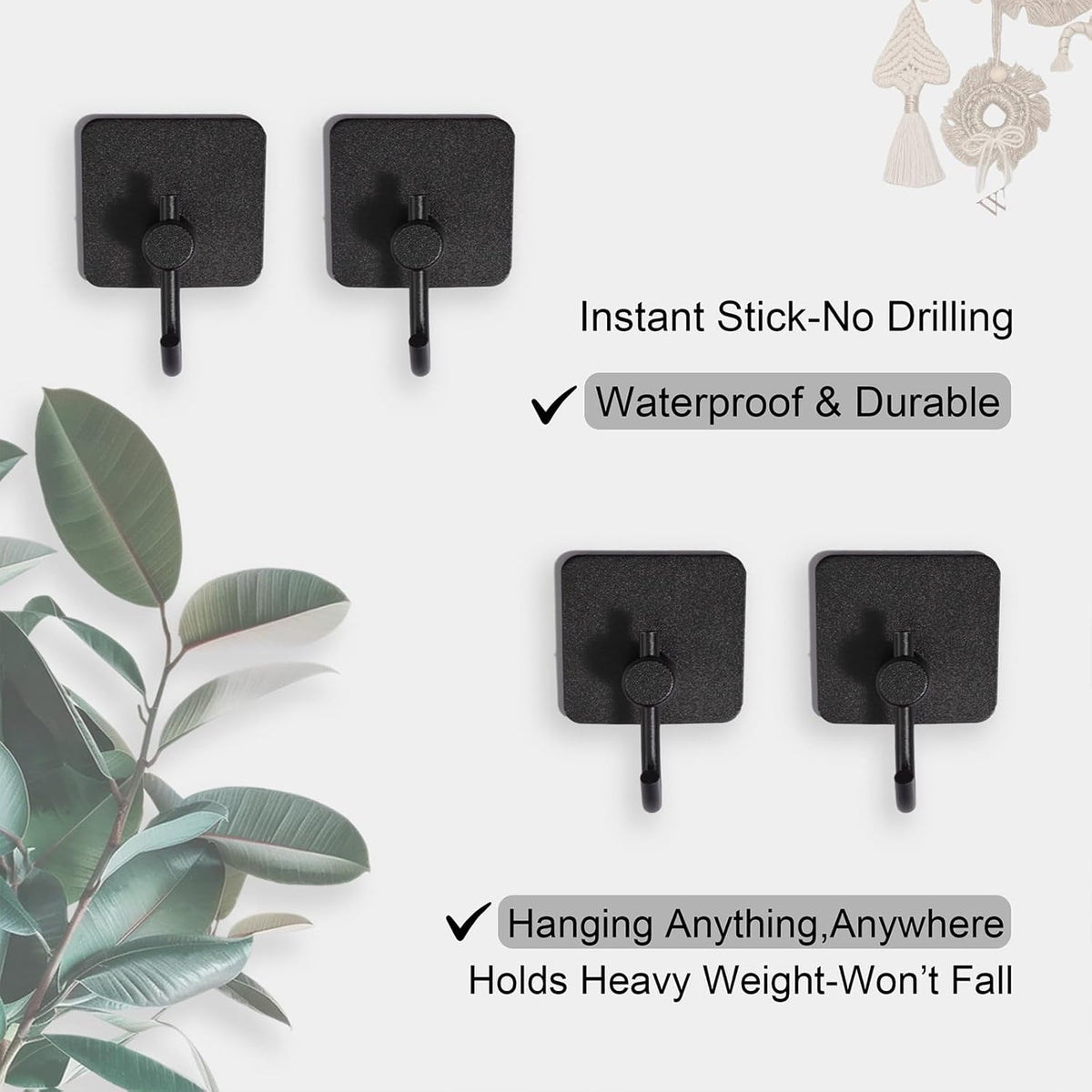 Aluminum Wall Hooks, No Drill Damage-Free Adhesive Hook,Product for Hanging Heavy Duty for Bathroom Kitchen Home (Curved Square Black Hook, 4)