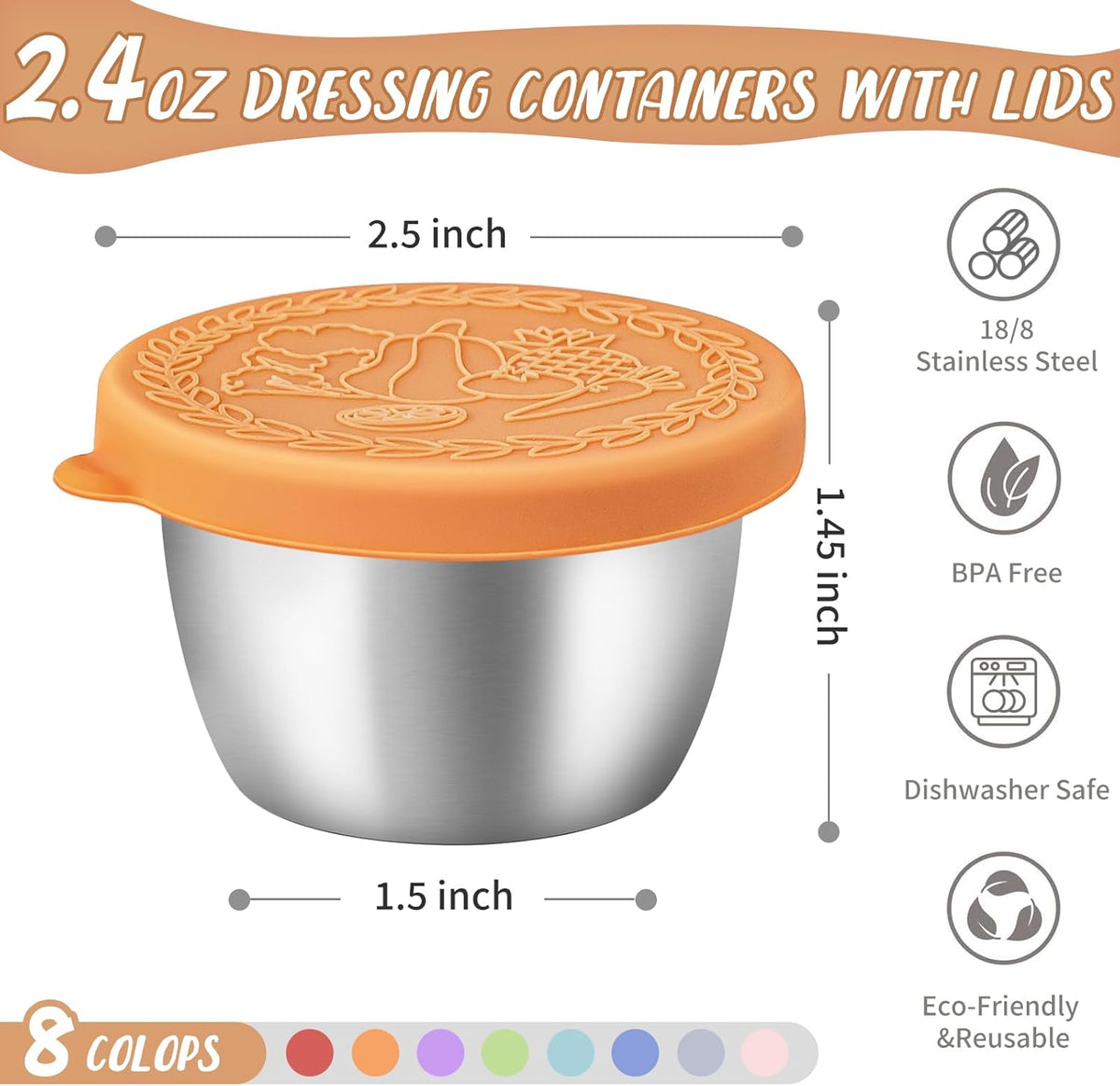 8 Pack - 2.4 Oz Small Salad Dressing Containers To Go, Leakproof Condiment Containers with Lids Reusable Stainless Steel Sauce Cups for Lunch Boxes Kitchen Storage Picnics Travel Meal Prep