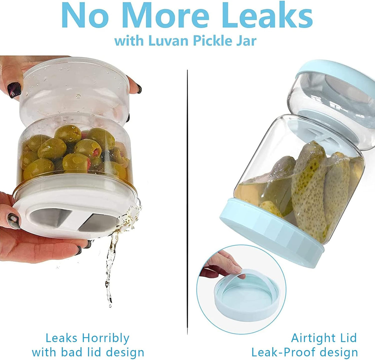 Luvan Pickle Jar with Strainer Flip, 34oz Pickle Container, Glass Kraut Juice Separator Jar-Leakproof Airtight Lid, Hourglass Food Storage Flip Jar for Olive,Jalapeno,Sliced Pickles-Dishwasher Safe