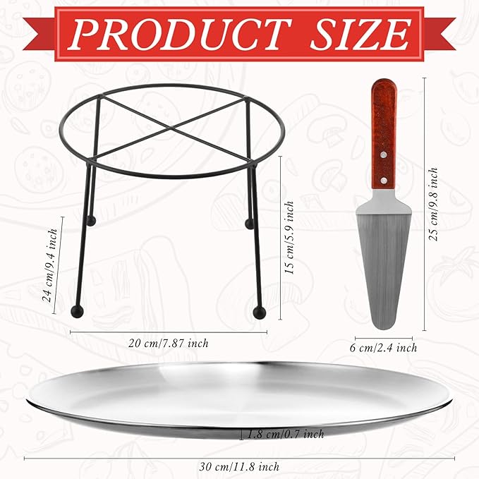 12 Pcs Pizza Stand Set: 4 Metal Stands, 4 Pizza Pans, 4 Spatulas for Weddings, Party(Silver,Round with Legs)