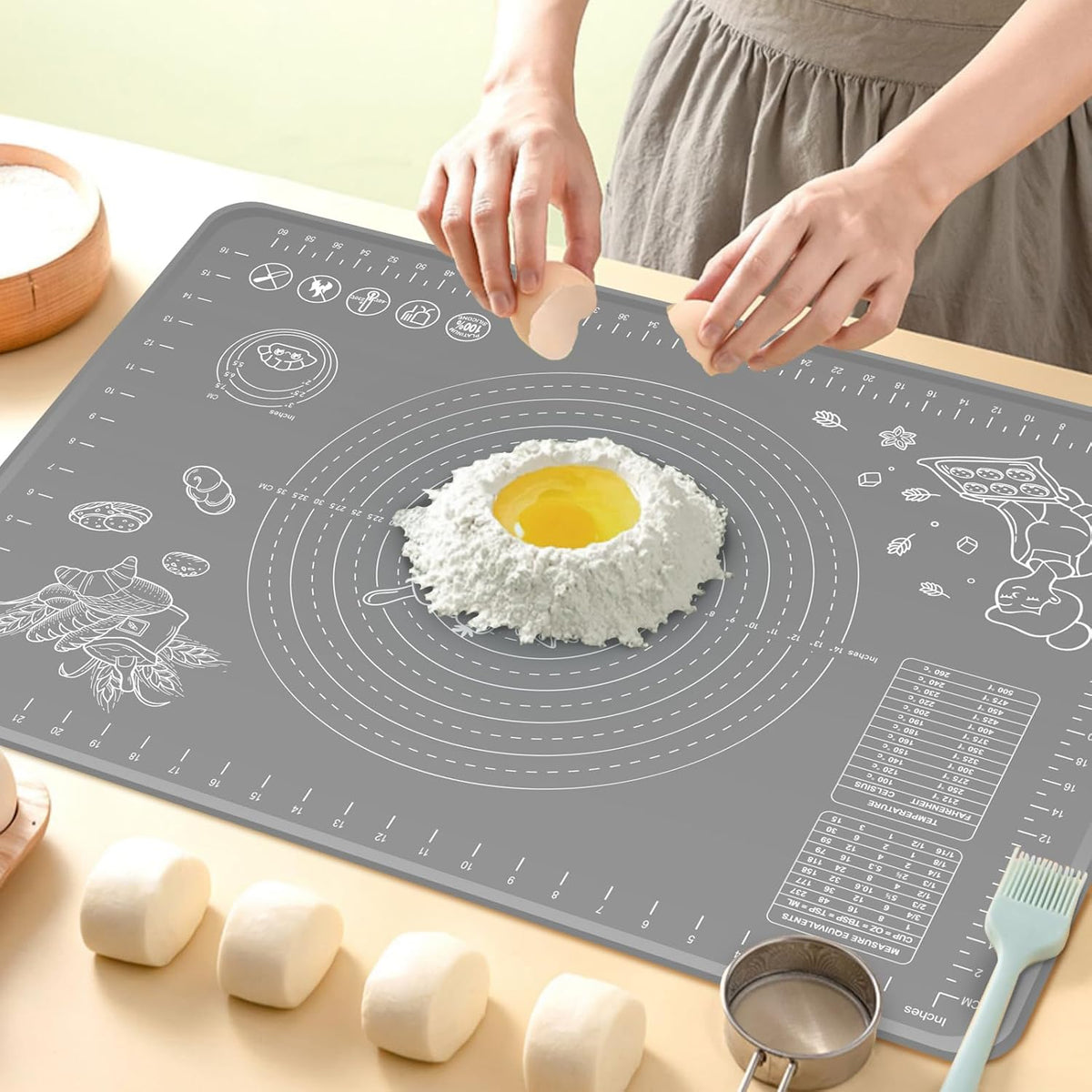 Silicone Baking Mat 32x24 inch, Extra Thick Non-stick Pastry Mat with Measurements and Edge Heightening, Food Grade Silicone for Countertop Dough Rolling Making Bread, Cookies, Pizza, Fondant, Pasta
