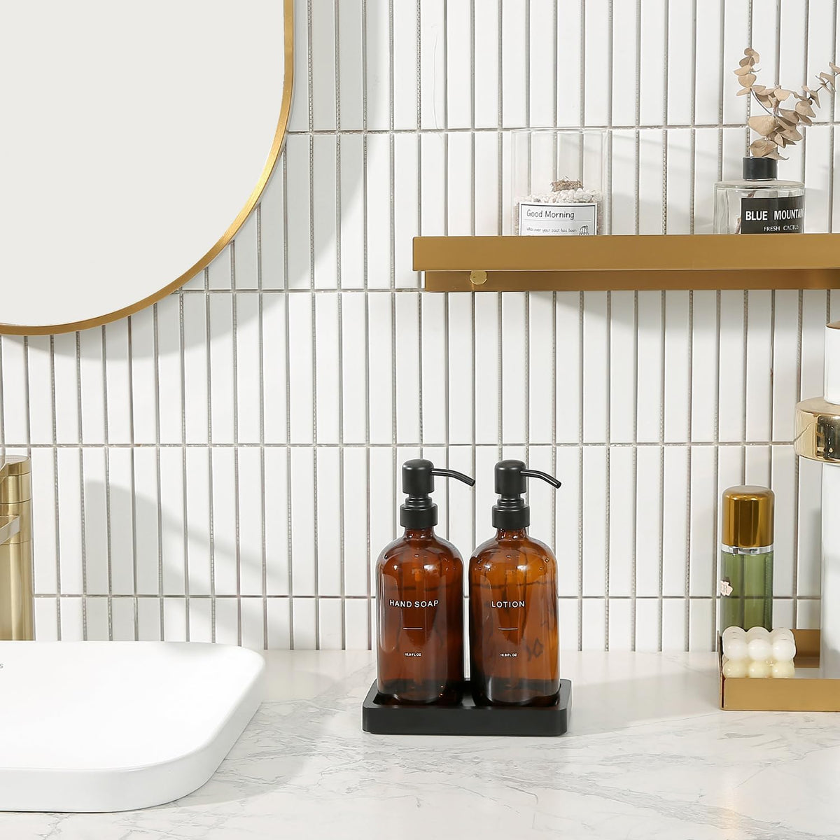 Amber Glass Soap Dispenser Set, Hand Soap and Lotion Set with Black Stainless Steel Pump, Perfect for Modern Bathroom Decor. (Amber)