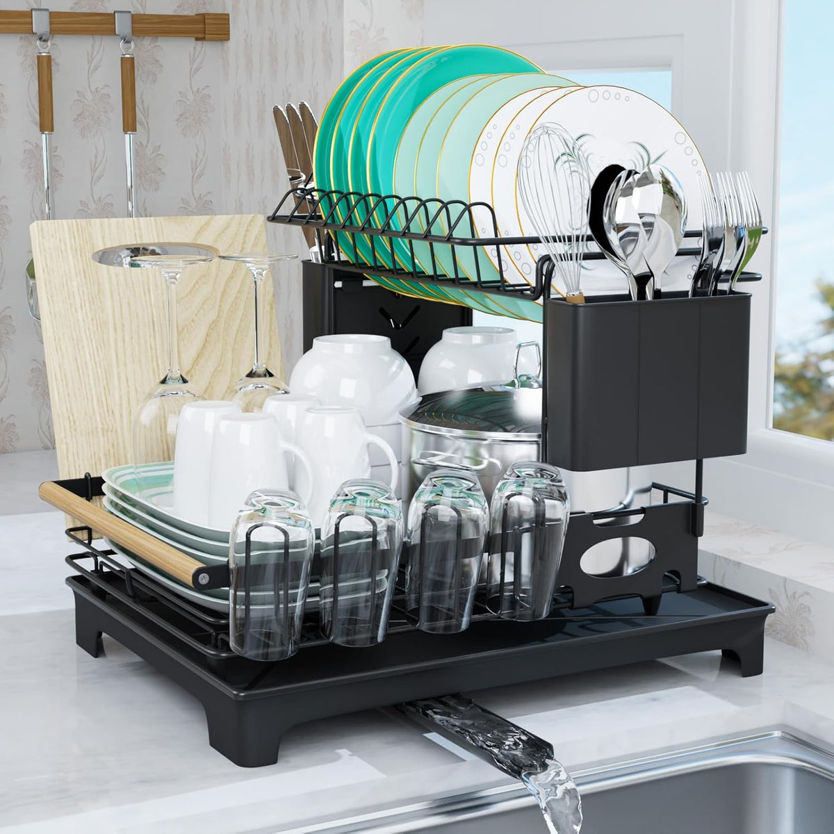 2 Tier Dish Drying Rack, Large-Capacity Dish Rack for Kitchen Counter, Anti-Rust Dish Strainer Rack with Drainboard Set, Kitchen Organizer with Cup Holder, Utensil Holder, Cutting-Board Holder