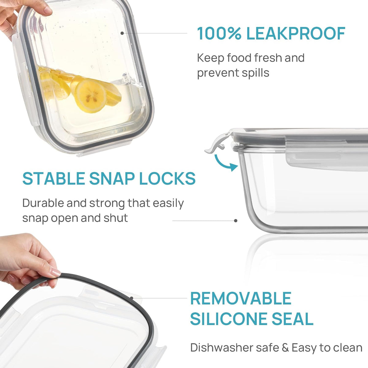 Vtopmart 2Pack 2260ml/ 76.4oz Large Glass Storage Containers with Lids, Meal Prep Food Container Set with Snap Airtight Lid for Baking, Microwave, Oven, Leak Proof, for Freezer, Dishwasher, Grey