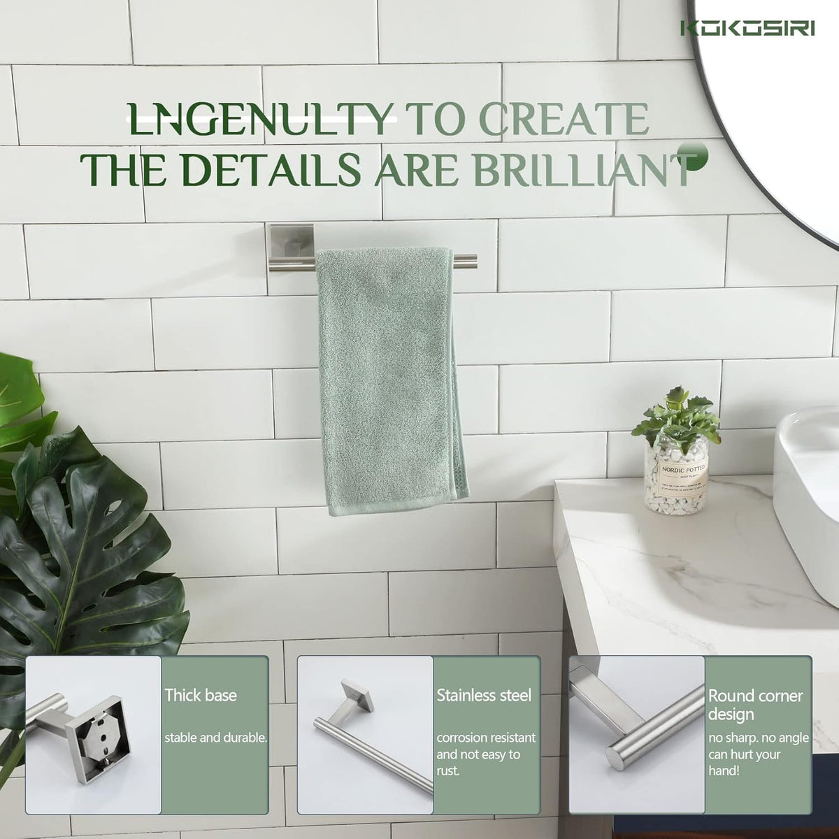 KOKOSIRI Bathroom Hand Towel Holder Brushed Nickel Bathroom Hardware, Suitable for Wall Mounted Towel Bar Screw in Stainless Steel, B3008BR