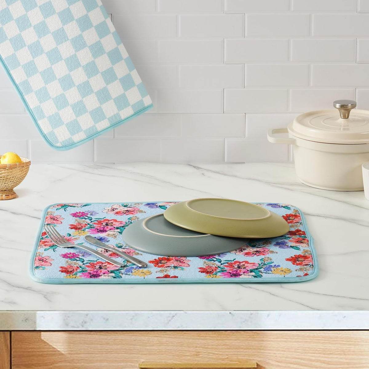 FRESHMINT Printed Dish Drying Mats for Kitchen Counter 2 Pack Absorbent Reversible Drying Mats Microfiber Kitchen Countertop Protector Dishes Drying Pad Extra Large 18"x24" Dish Mat