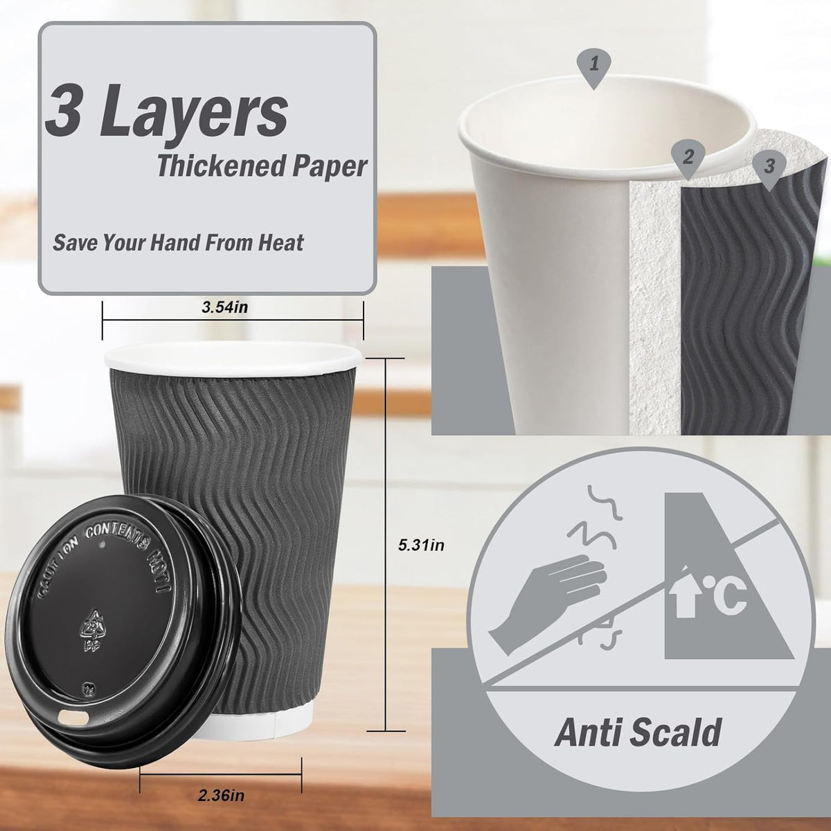Lamosi 50 Pack - 16 oz Insulated Disposable Coffee Cups with Lids, To Go Paper Coffee Cups with Lids, Corrugated Ripple Wall Cup for Hot Drink, Office, Coffee Bar