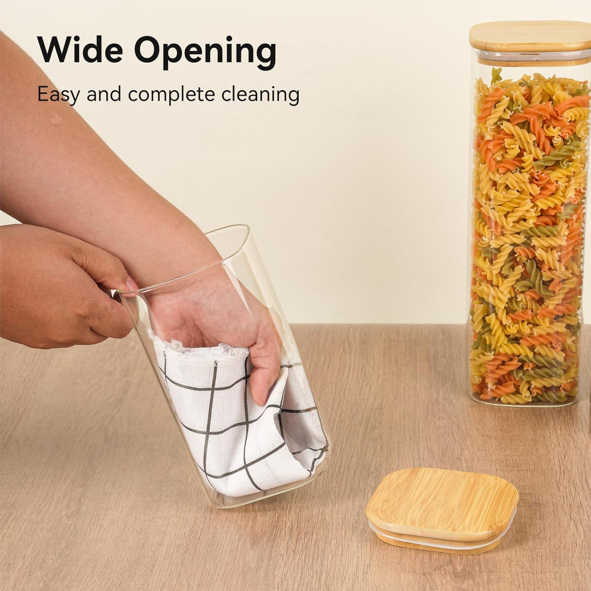5 Set Glass Jars with Bamboo Lids, Square Food Storage Containers, Glass Pantry Storage Containers with Lids for Pasta, Cereal, Flour, Sugar