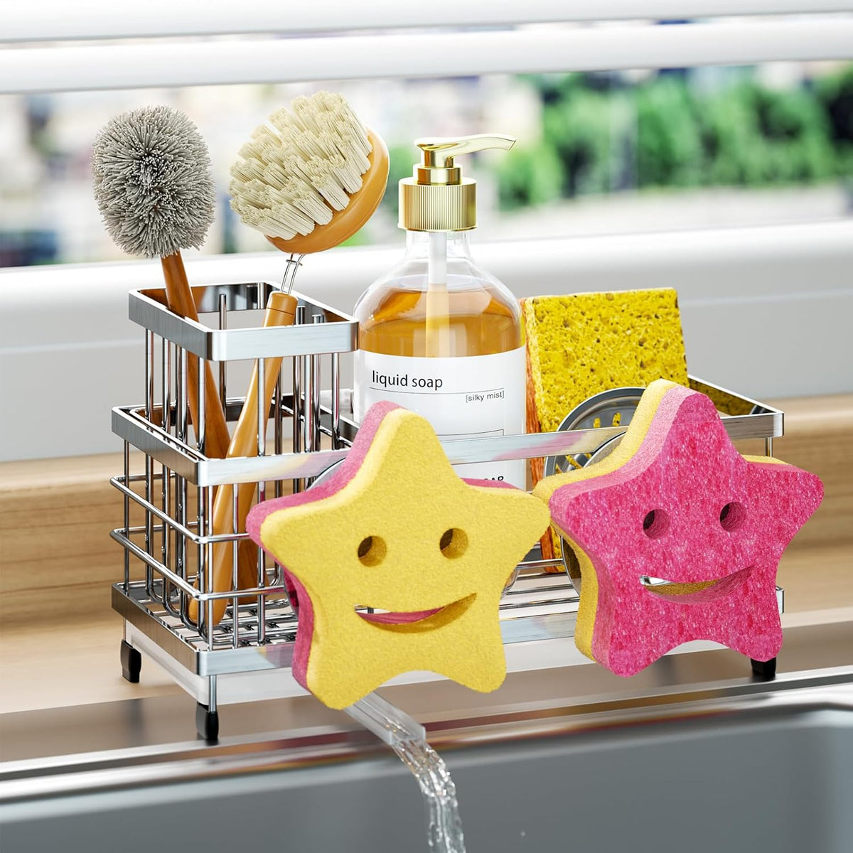 HapiRm Sink Caddy Sponge Holder - Self-draining Kitchen Sink Organizer with Smiley Face and Brush Holder, Stainless Steel Kitchen Sponge Caddy for Countertop - Silver
