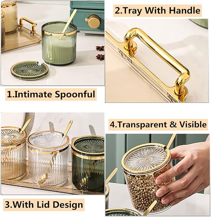 Acrylic Condiment Spice Jars,Condiment Spice Box With Lids and Spoons and Tray,Clear Plastic Condiment Canisters,Seasoning Box 6 Pack,Seasoning Box Set for Kitchen to Storage Salt,Paprika,Sugar