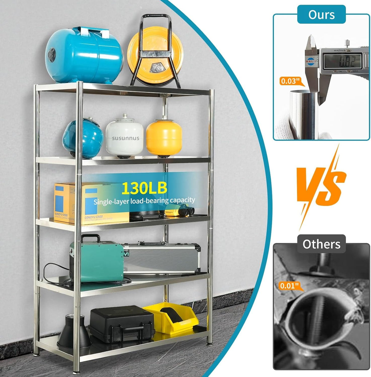 susunnus 4-Tier Stainless Steel Shelf, Heavy Duty Shelving for Kitchen, Garage, Industrial Storage, Kitchen Shelves Adjustable Feet, Easy to Clean(24.8in*15,8in Without Guardrails)