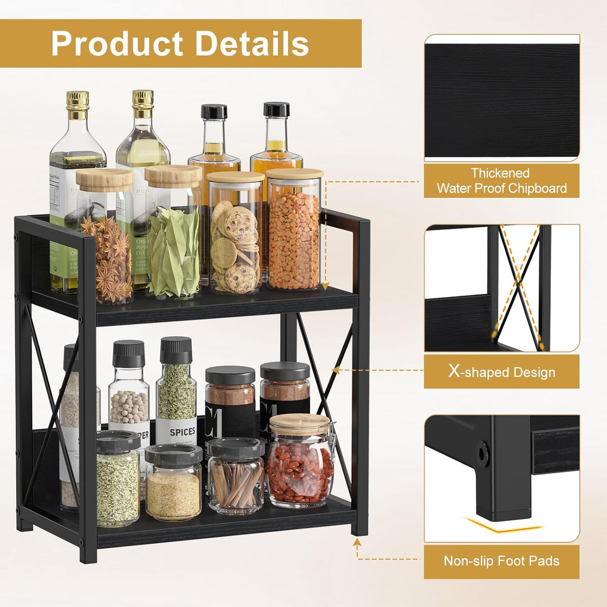 Giikin Countertop Organizer, 2 Tier Coffee Station Organizer for Desktop, Wood Counter Shelf Spice Rack for Kitchen (Black, M)