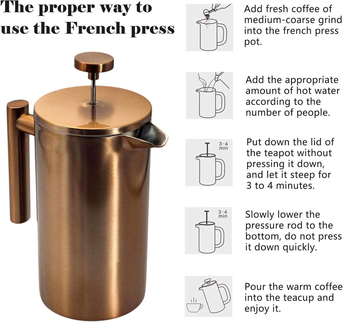 YJX 34oz Coffee Maker, Stainless Steel French Press, 1 Liter Camping Coffee Pot, Tea Maker, 34 Ounce Travel Coffee Presses, Heat Resistant Double Insulated (Coppery)