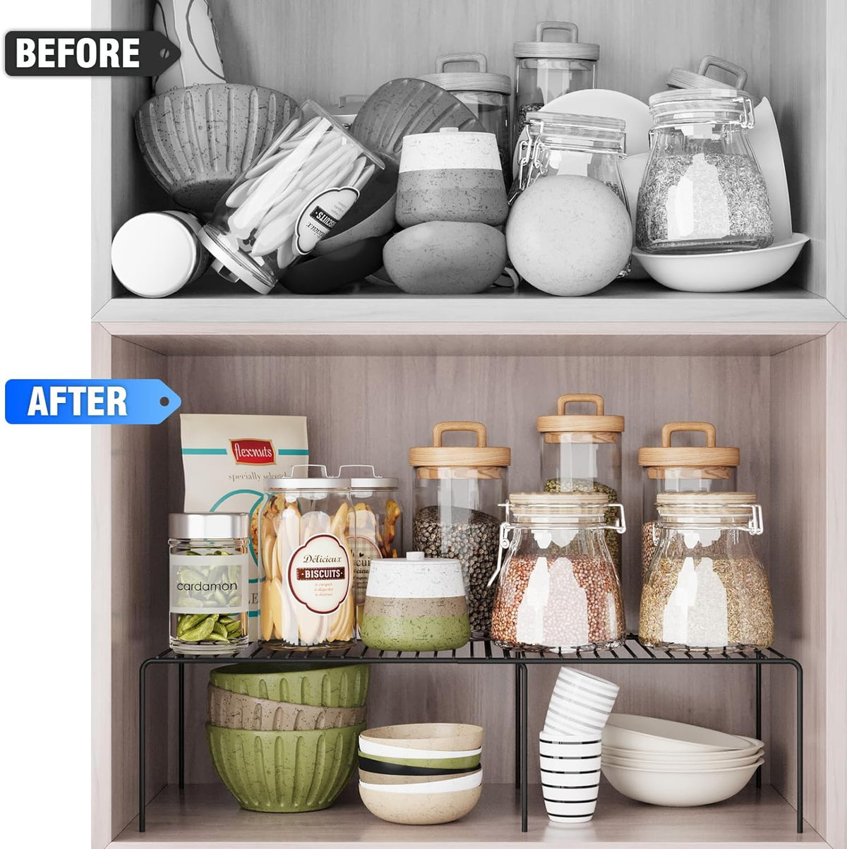Expandable Storage Shelf, Pantry Organizers and Storage, Adjustable Rustproof Metal Wire Spice Rack, Space Saver Kitchen Storage Shelves for Pan, Pot, Countertop, Drawer, Fridge, Set of 4, Black