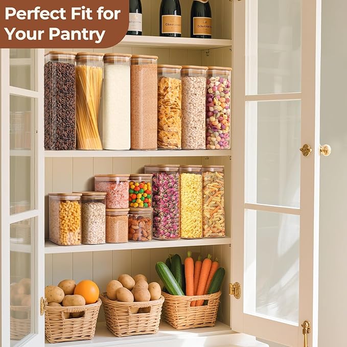 ComSaf 1.8 Qt Rectangle Glass Storage Containers with Lids, Glass Jars with Bamboo Lids, Clear Food Storage Jar, Sugar Coffee Containers, Pantry Storage Container for Pasta Rice Flour Oats Nuts Tea