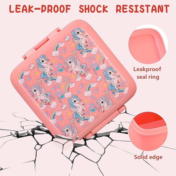 Bento Lunch Box for Kids With 8oz Soup Thermo,Leak-proof Lunch Containers with 5 Compartment,Thermos Food Jar and Lunch Bag, Food Containers for School (A-Pink(Fantasy Unicorn))