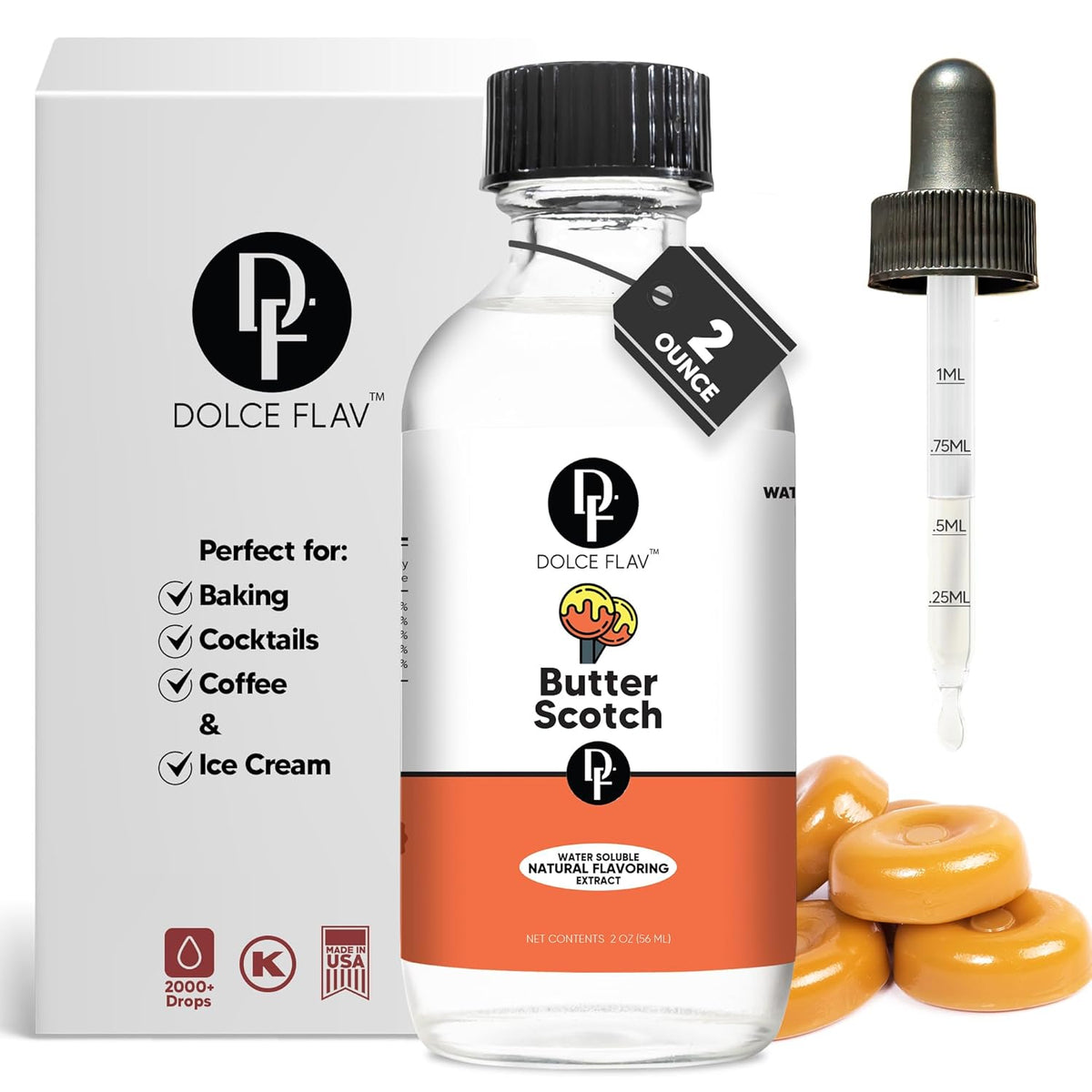 Dolce Flav Natural Butterscotch Extract 2 oz – Kosher, Sugar-Free, Concentrated Rich Butterscotch Flavoring for Baking, Beverages & Desserts, Includes Measured Dropper