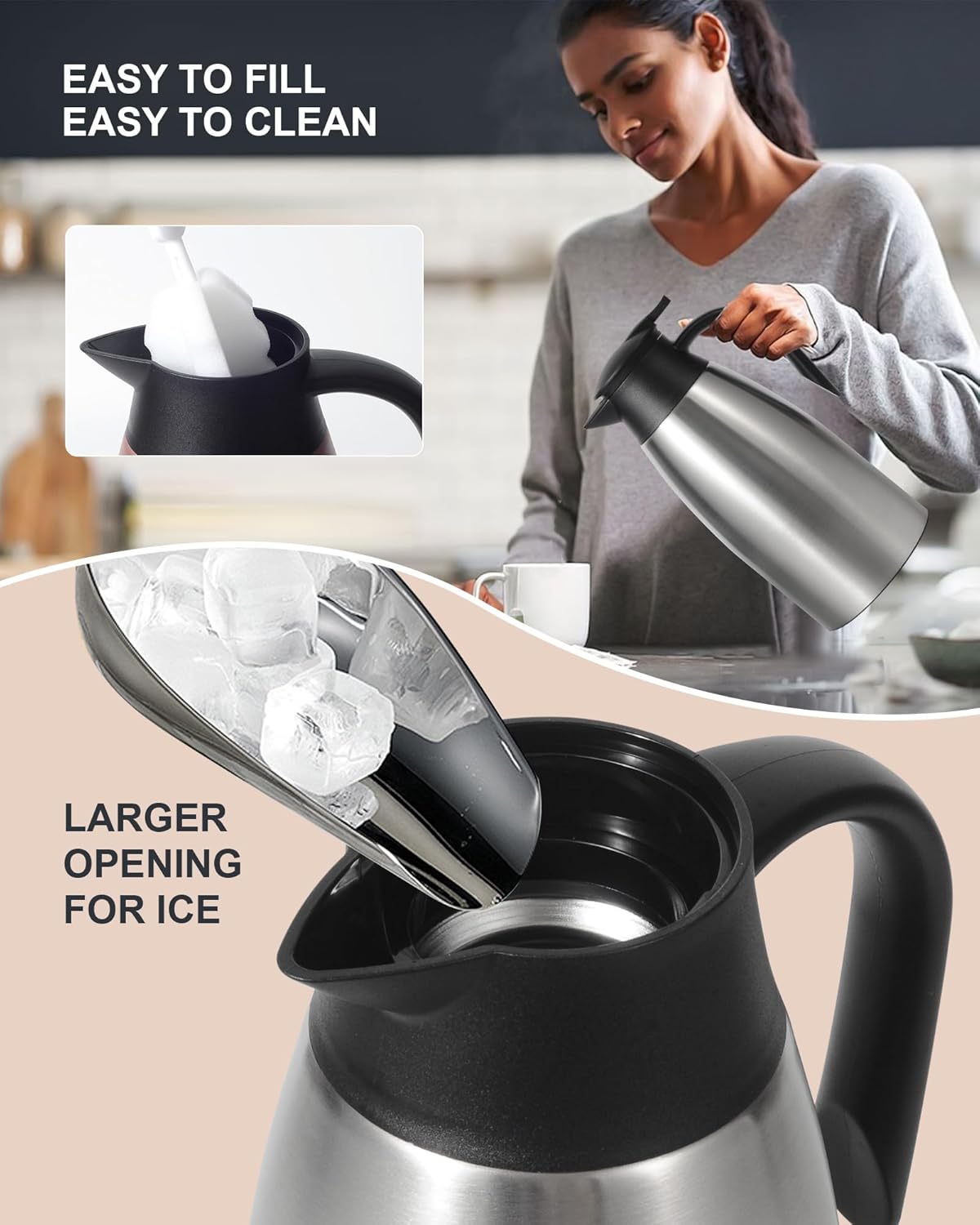 70Oz Thermal Coffee Carafe for keeping hot, 2 PCS Updated Carafe for hot liquid, Insulated Coffee Carafe Stainless Steel Thermal Pot for Coffee, Hot Water,Keep Hot 12 Hours (silver+silver)