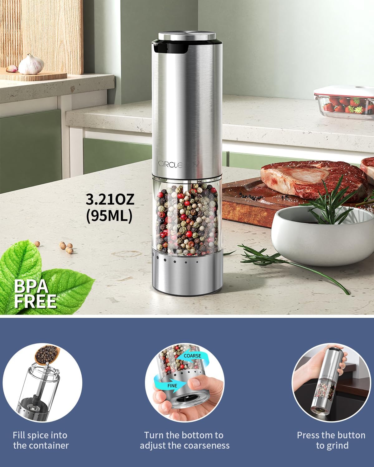 CIRCLE JOY Electric Pepper Grinder Stainless Steel Rechargeable Pepper Mill with External Adjustable Coarseness, 95ml Container and White LED Light, Silver