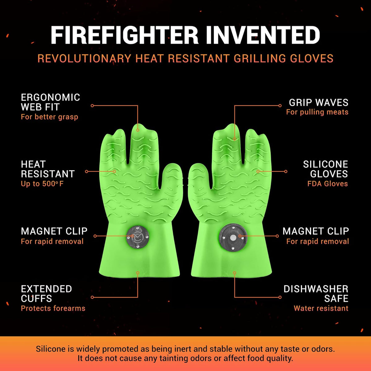 MagneCHEF Heat Resistant Silicone BBQ Gloves- Ergonomic Web fit Allows for Firm Grip- Patented Magnet Safety Clip Allows for Rapid Release of one or Both Hands- Grip Waves for Pulling Pork (Green)