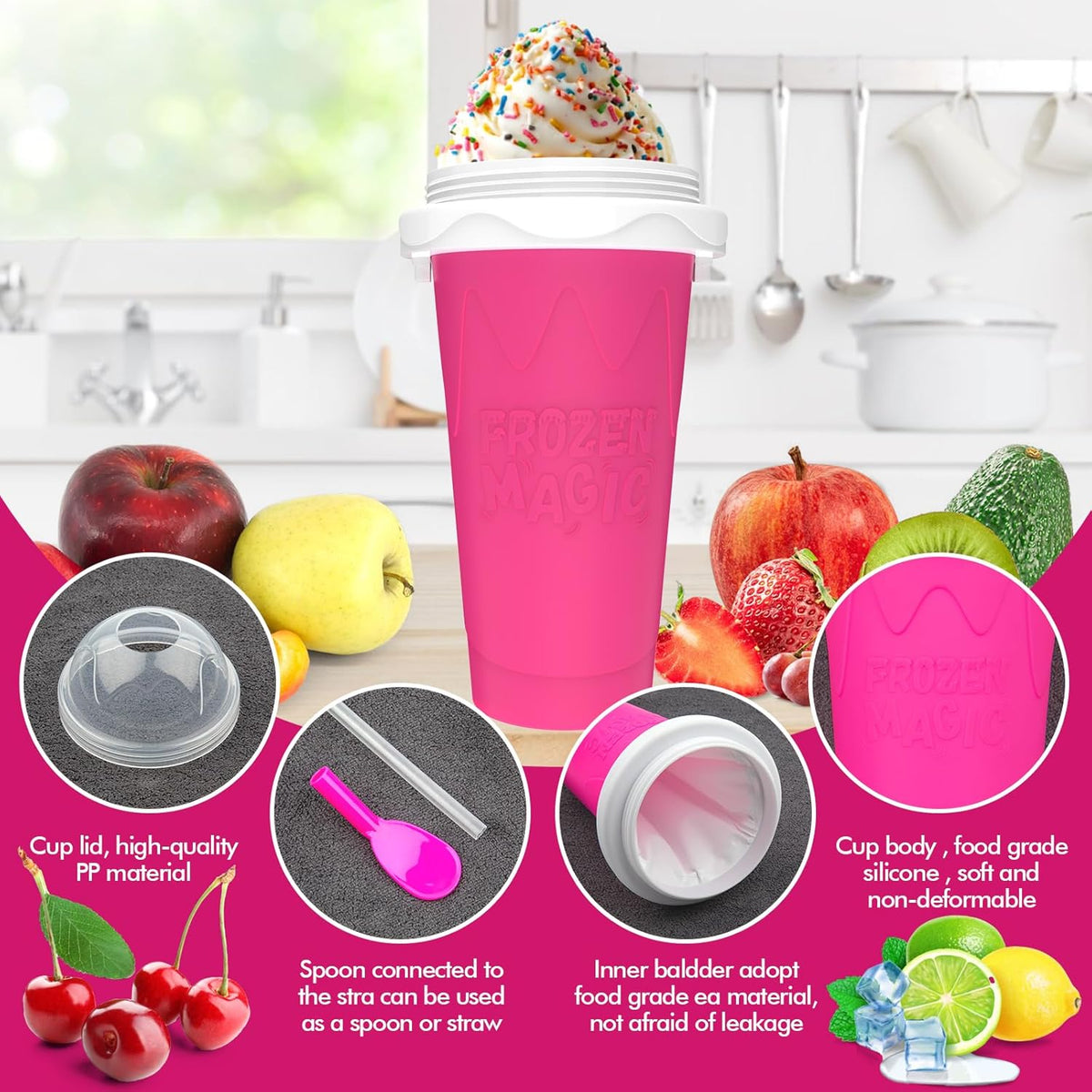 2PCS Slushie Maker Cup, Quick Frozen Magic Cups for Homemade Milk Shake Ice Cream Maker, Double Layer Squeeze Slushy Maker Cup, Birthday Gifts for Kids,Friends,Family (Pink+Green, 350ML)