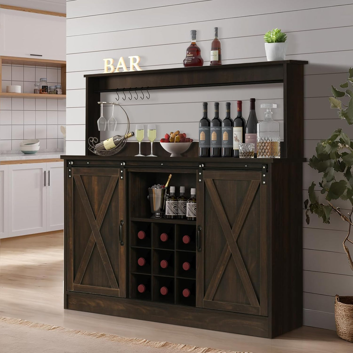 4ever2buy Farmhouse Coffee Bar Cabinet with Hutch and 6 Hooks, 47 Inch Wine Cabinet with Storage, Kitchen Buffet Cabinet with Adjustable Shelves &9 Wine Racks for Living Dining Room, Dark Oak